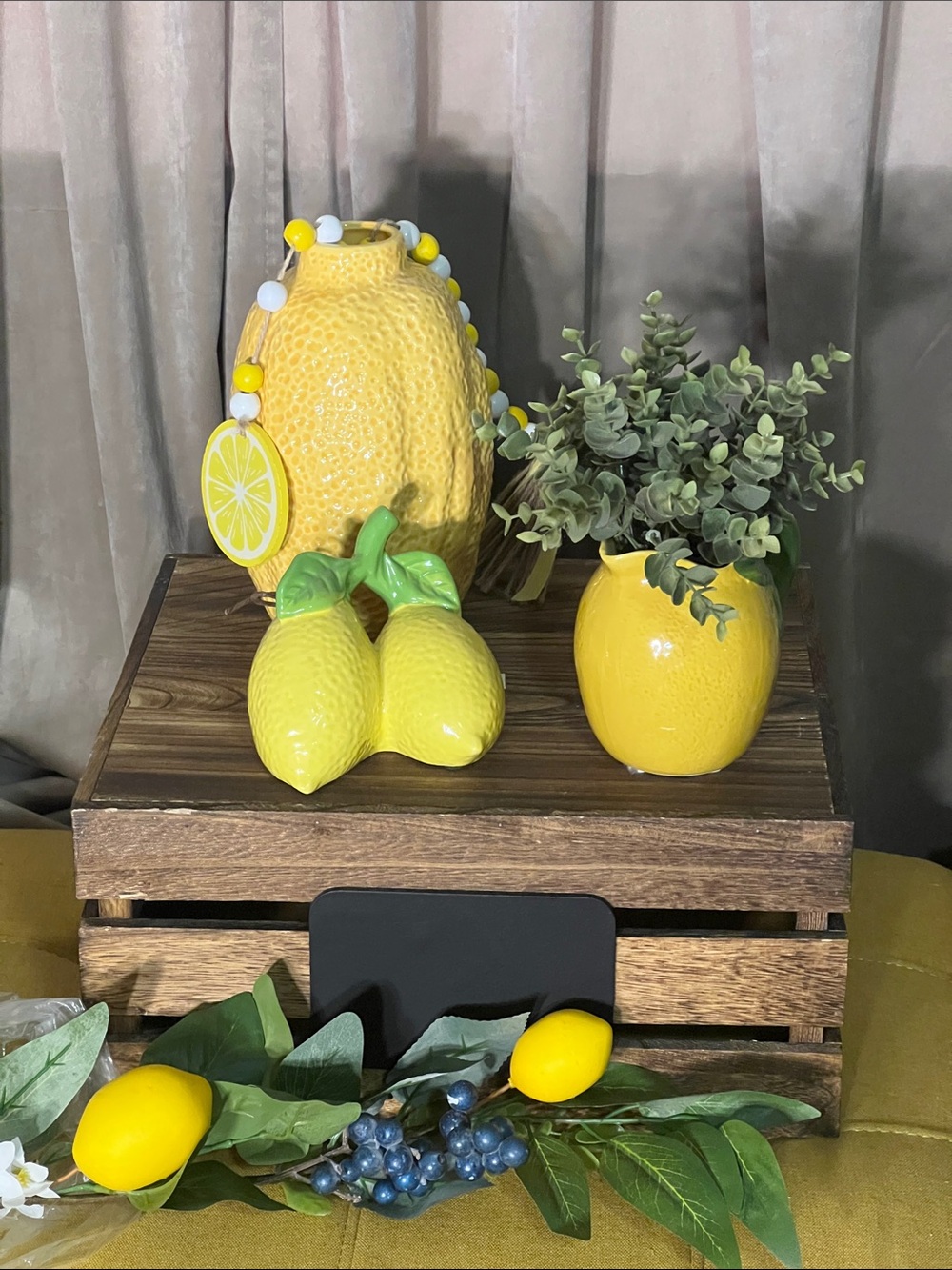 Yellow Ceramic Lemon Décor Vase and Figurine Set - Home Kitchen